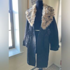 BB Dakota Black Trench Coat with Faux Fur Collar